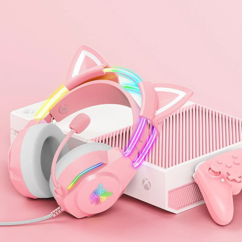 Onikuma X26 RGB cicafüles vezetékes gamer headset, pink