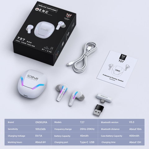 Onikuma T27 2,4 GHz és Bluetooth 5.3 TWS gamer fülhallgató, fehér
