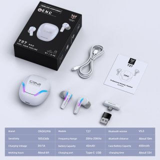Onikuma T27 2,4 GHz és Bluetooth 5.3 TWS gamer fülhallgató, fehér