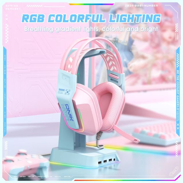 Onikuma X13 Vezetékes Gamer Fejhallgató RGB világítással - Pink