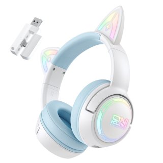 Onikuma GT838 vezeték nélküli cicafüles gamer headset, fehér-kék, Stereo, Over-Ear, mikrofonos, cicafüles, RGB, USB, vezeték nélküli, wireless, bluetooth